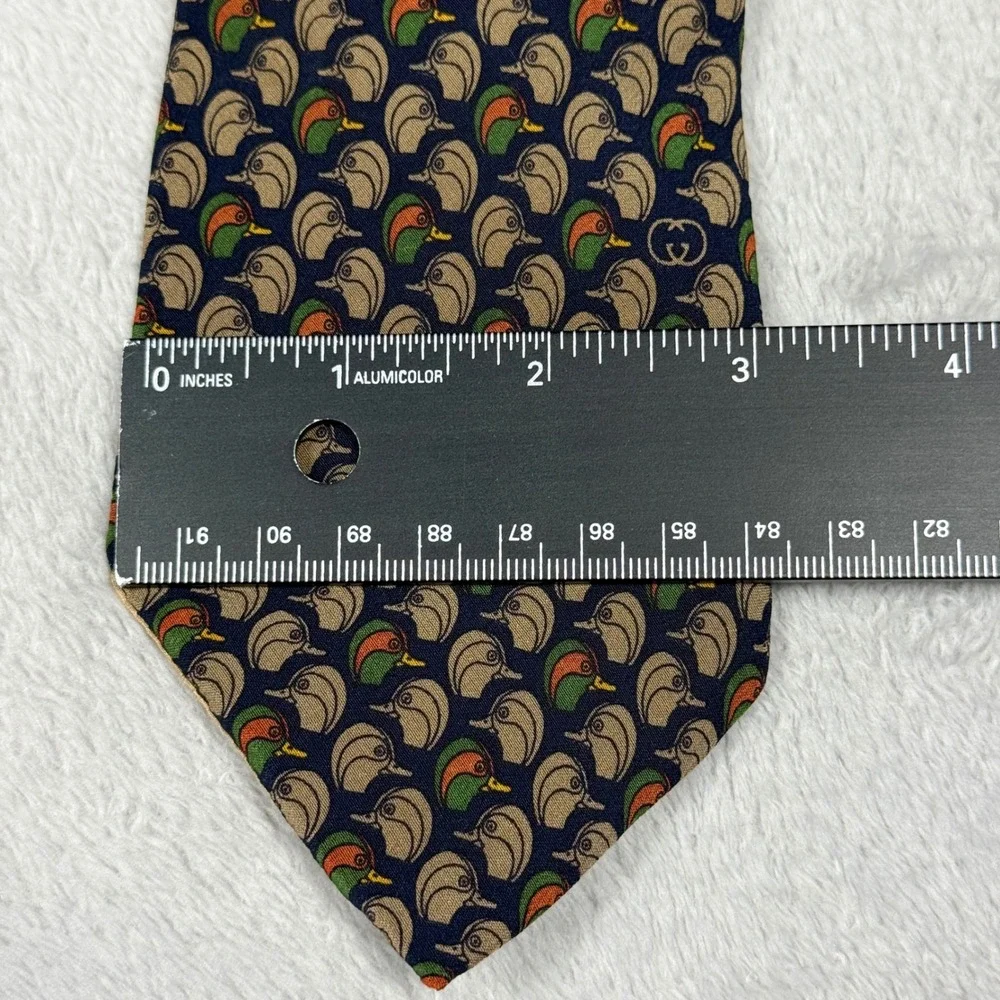 Vintage Gucci Silk Tie Mens Navy Blue Mallard Duck Head Interlocking G Italy
